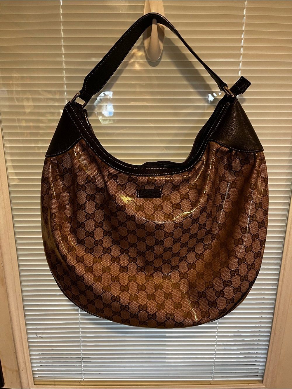 Gucci Crystal Vintage Brown Monogram Hobo Bag with Dark Brown Trim